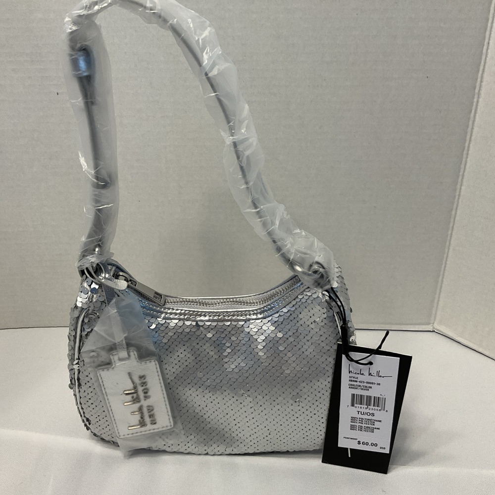 Nicole Miller Mermaid Silver Sequin Boho Bag 8x6 Adjustable Strap Glam New w/tag